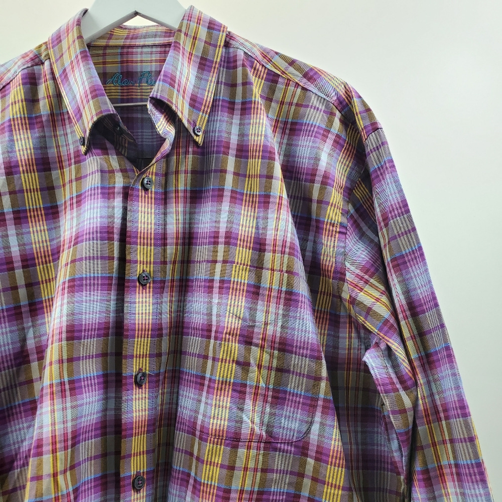 Alan Flusser Pink Plaid Casual Button Up Golf Top - Picture 2 of 6